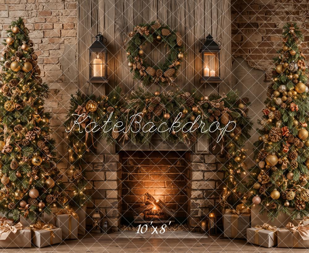 Kate Weihnachten Kamin Weihnachtsbäume Rustikal Fleece Hintergrund Entworfen von Emetselch - Kate Backdrop.de