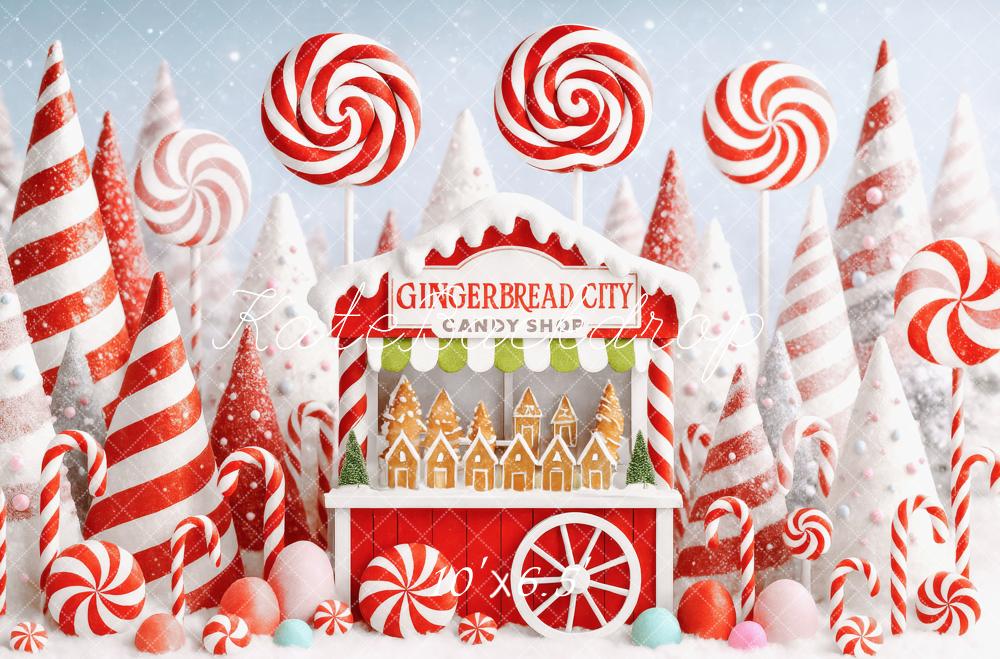 Kate Weihnachten Bonbonhaus Zuckerstangen Rot Weiß Hintergrund Entworfen von Patty Roberts - Kate Backdrop.de
