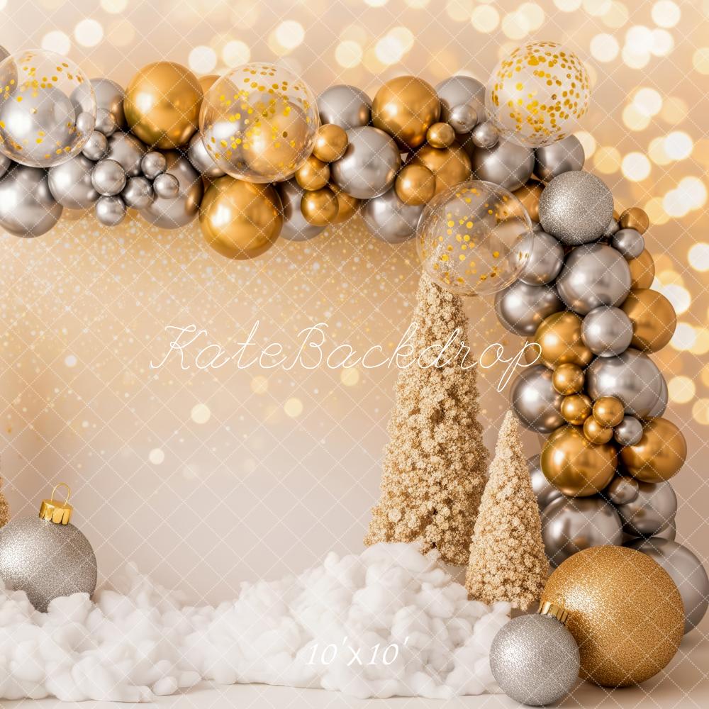Kate Weihnachten Ballonbogen Tannen Gold Silber Hintergrund Entworfen von Patty Roberts - Kate Backdrop.de