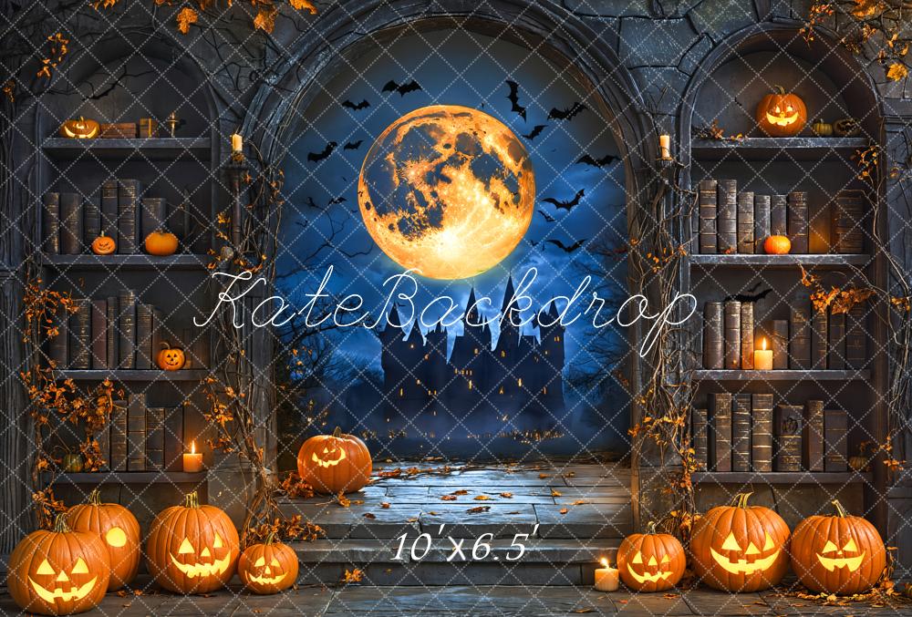 Kate Halloween Kürbisse Vollmond Bücherregal Fleece Hintergrund Entworfen von Emetselch - Kate Backdrop.de