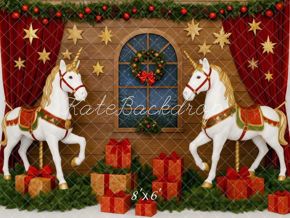 Kate Weihnachten Einhörner Geschenke Holz Hintergrund Entworfen von Patty Roberts - Kate Backdrop.de