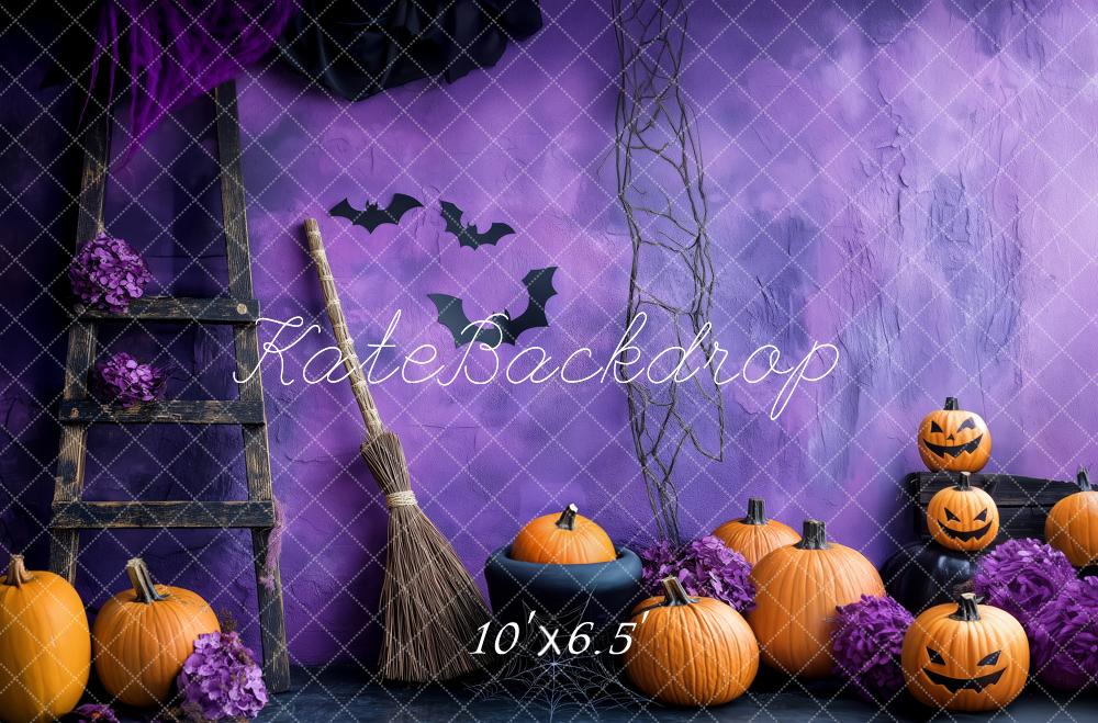 Kate Halloween Kürbisse Fledermäuse Lila Hintergrund Entworfen von Patty Roberts - Kate Backdrop.de