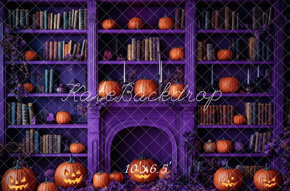 Kate Halloween Kürbisse Bücherregal Lila Hintergrund Entworfen von Patty Roberts - Kate Backdrop.de