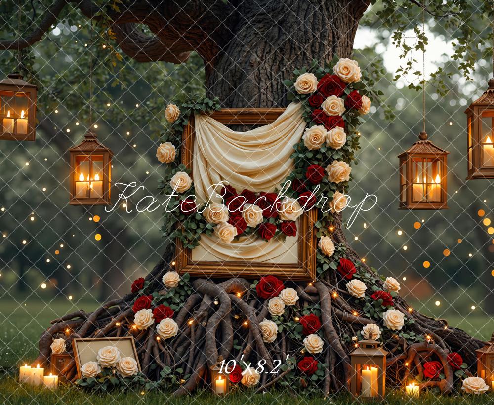 Kate Hochzeit Baum Laternen Rosen Romantisch Hintergrund Entworfen von Mini MakeBelieve