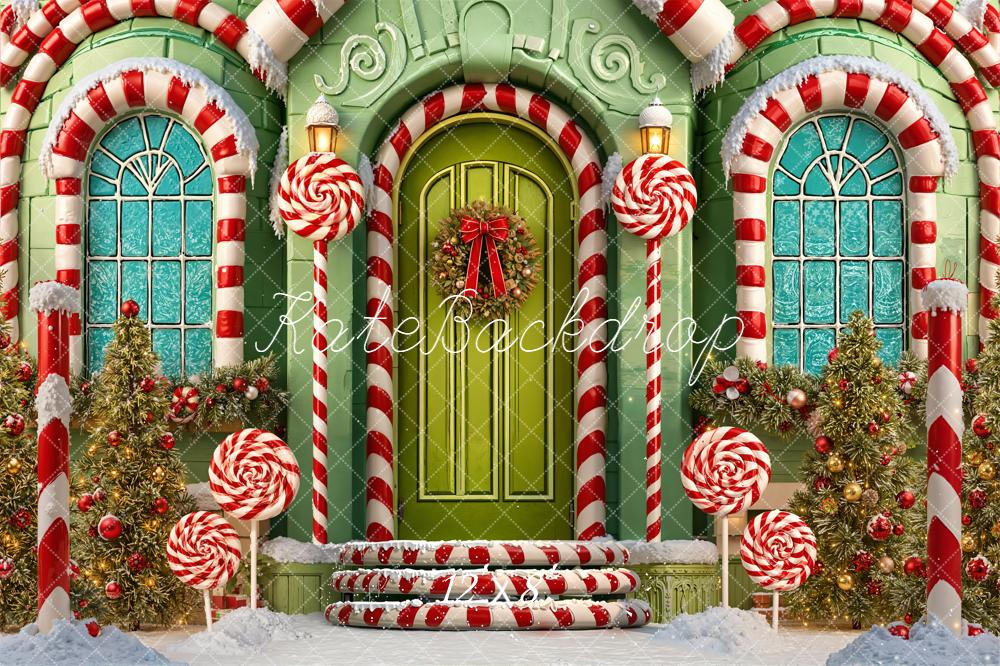 Kate Weihnachten Zuckerstangen Türhaus Grün Hintergrund Entworfen von Emetselch - Kate Backdrop.de