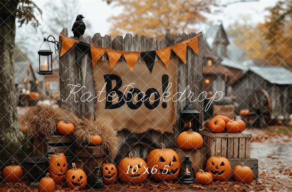 Kate Halloween Kürbisse Laternen Holz Hintergrund Entworfen von Patty Roberts - Kate Backdrop.de