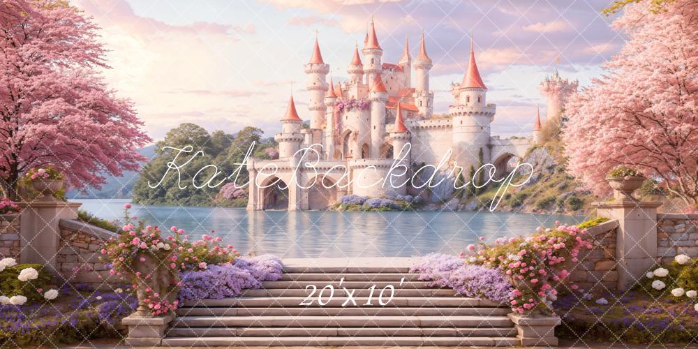 Kate Fantasy Schloss See Rosa Blüten Hintergrund Entworfen von Emetselch - Kate Backdrop.de