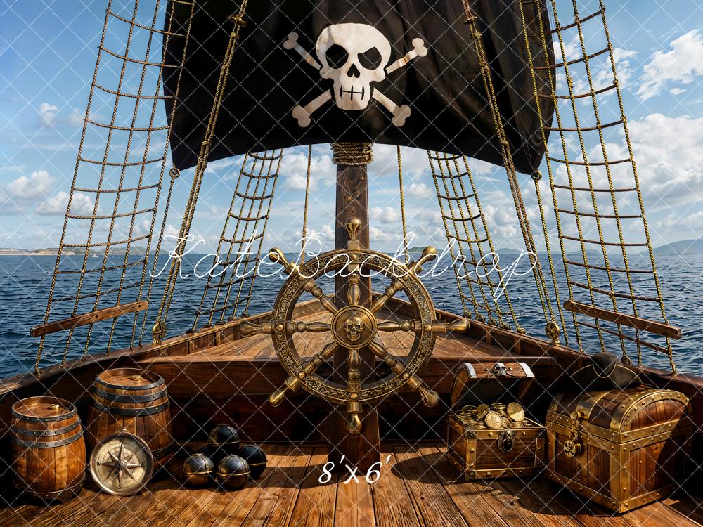 Kate Piraten Schiff Schatztruhe Schwarz Gold Hintergrund Entworfen von Emetselch