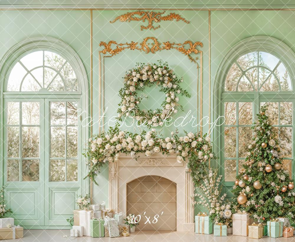 Kate Weihnachten Kamin Geschenke Blumen Mintgrün Fleece Hintergrund Entworfen von Emetselch - Kate Backdrop.de