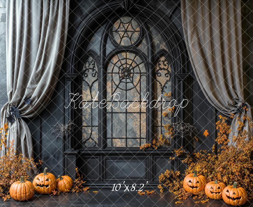 Kate Halloween Fenster Kürbisse Schwarz Hintergrund Entworfen von Emetselch - Kate Backdrop.de