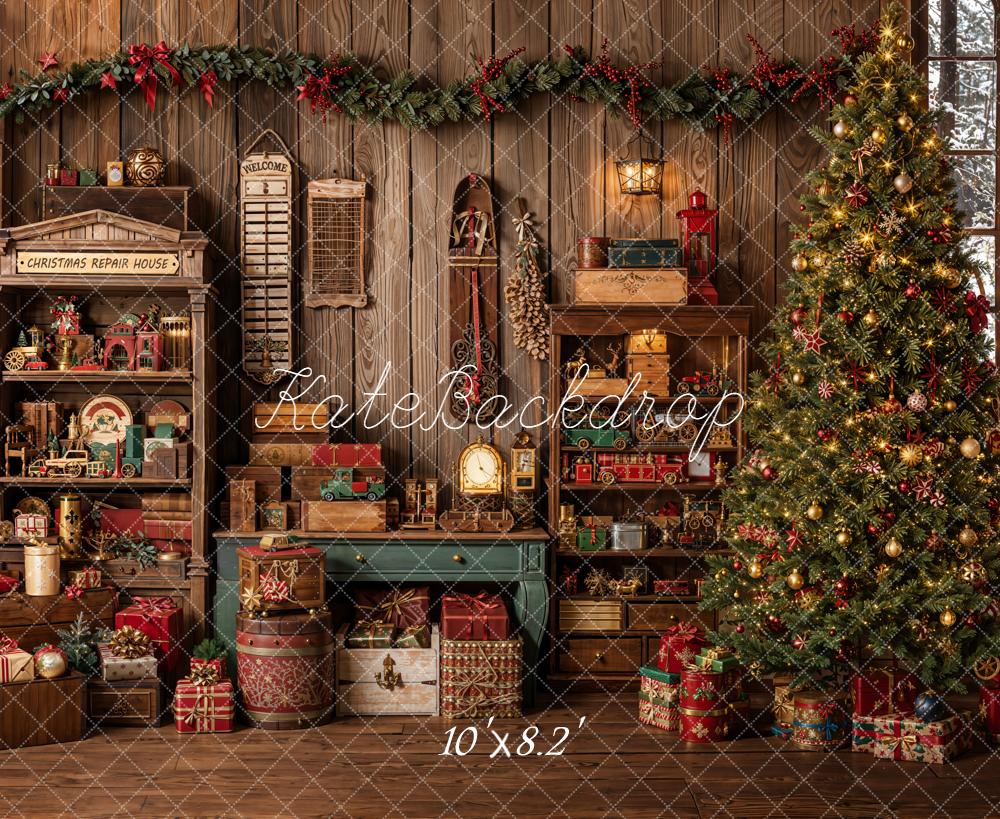Kate Weihnachten Geschenke Baum Holz Braun Fleece Hintergrund Entworfen von Emetselch - Kate Backdrop.de
