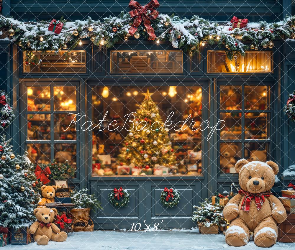 Kate Weihnachten Schaufenster Teddybären Schnee Fleece Hintergrund Entworfen von Chain - Kate Backdrop.de