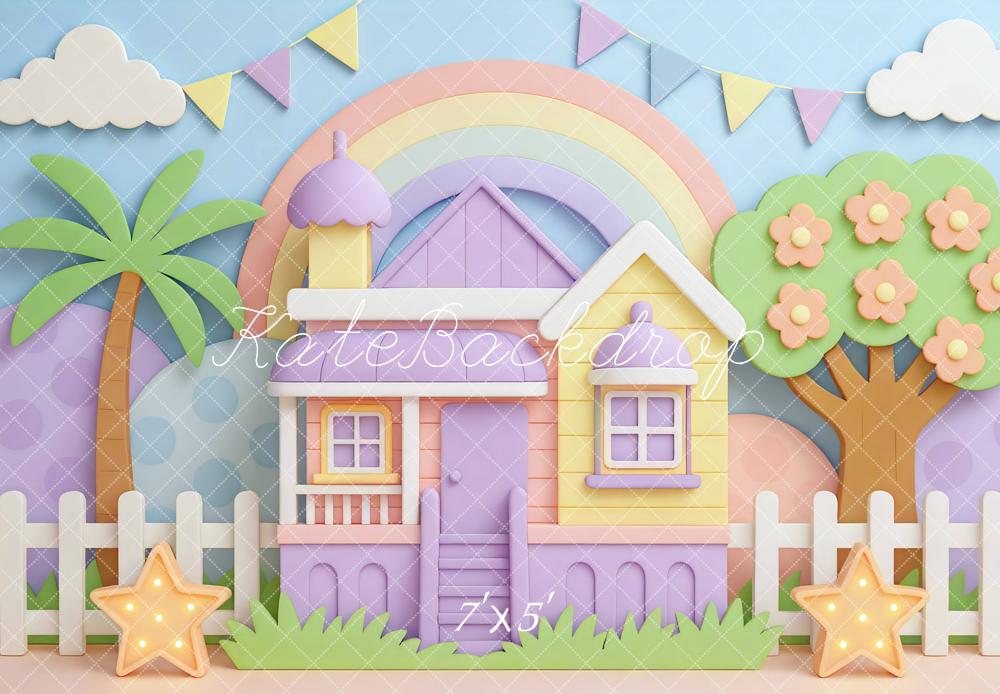 Kate Regenbogen Haus Palmen Pastell Hintergrund Entworfen von Mini MakeBelieve - Kate Backdrop.de