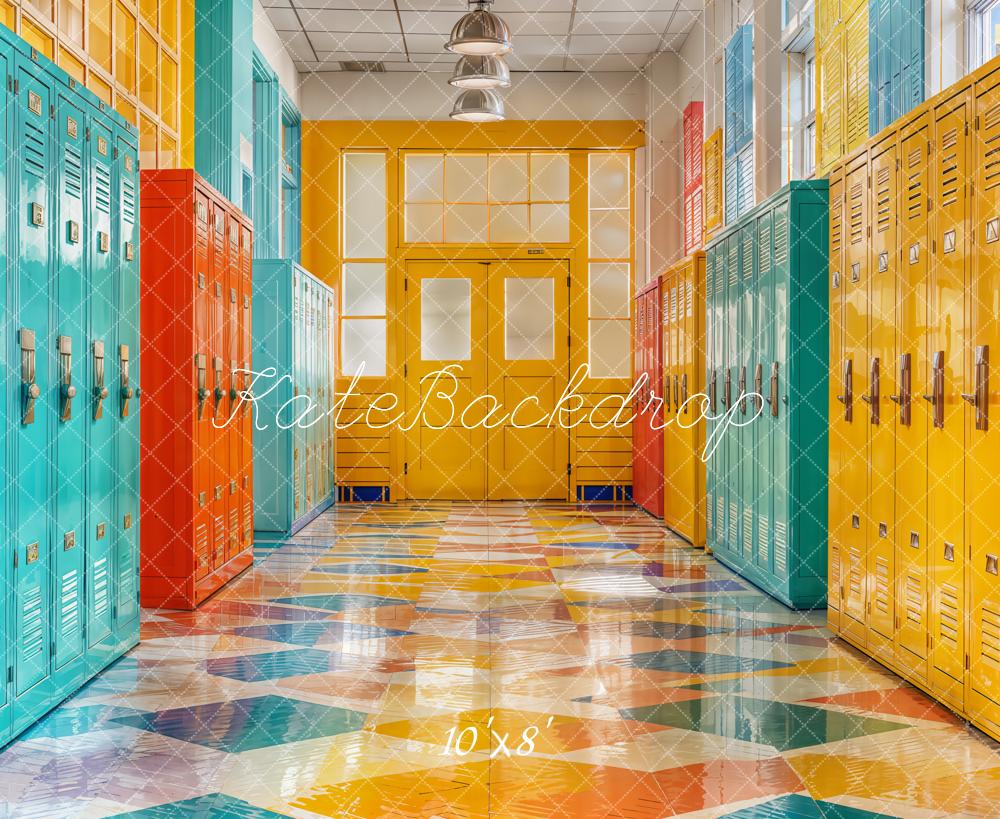 Kate Zurück Zur Schule Schließfächer Bunt Fleece Hintergrund Entworfen von Emetselch - Kate Backdrop.de