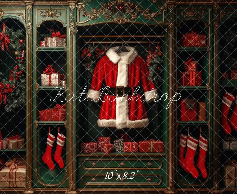 Kate Weihnachten Santa Kostüm Geschenke Regal Hintergrund Entworfen von Patty Roberts - Kate Backdrop.de