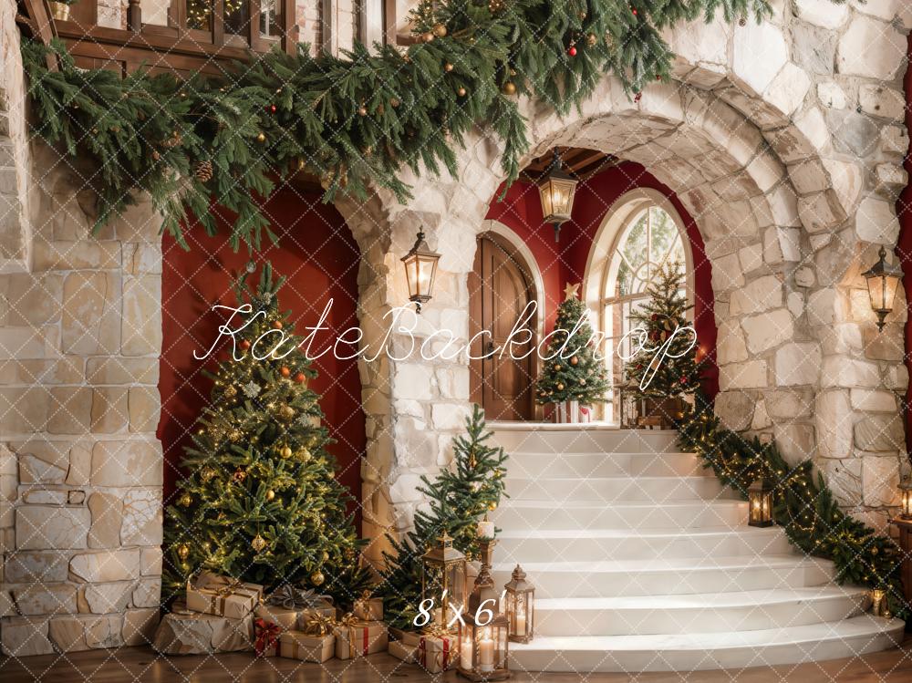 Kate Weihnachten Steinbogen Treppe Rot Fleece Hintergrund Entworfen von Emetselch - Kate Backdrop.de