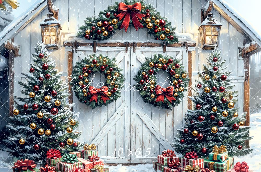 Kate Weihnachten Scheune Geschenke Kranz Hintergrund Entworfen von Mini MakeBelieve - Kate Backdrop.de