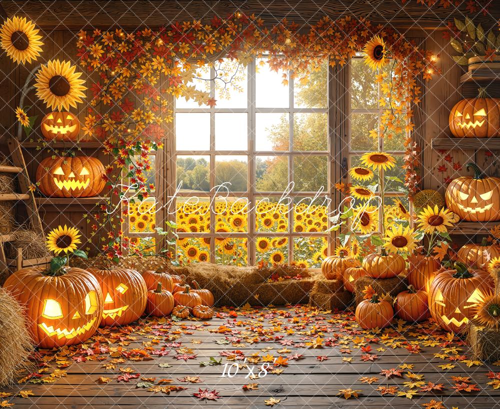 Kate Halloween Kürbisse Sonnenblumen Holzscheune Fleece Hintergrund Entworfen von Chain - Kate Backdrop.de