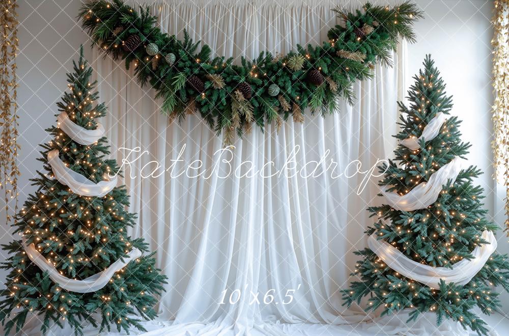 Kate Weihnachten Tannenbäume Lichter Weiß Hintergrund Entworfen von Mini MakeBelieve - Kate Backdrop.de