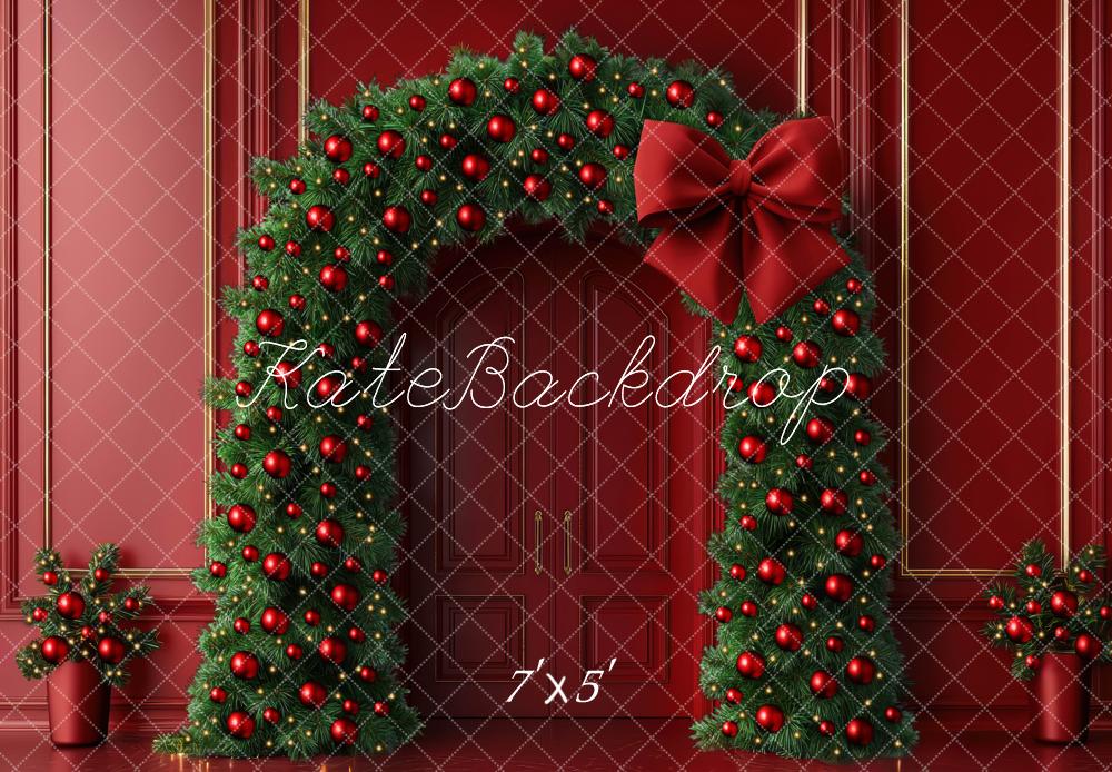 Kate Weihnachten Blumenbogen Tannenzweige Rot Hintergrund Entworfen von Mini MakeBelieve - Kate Backdrop.de