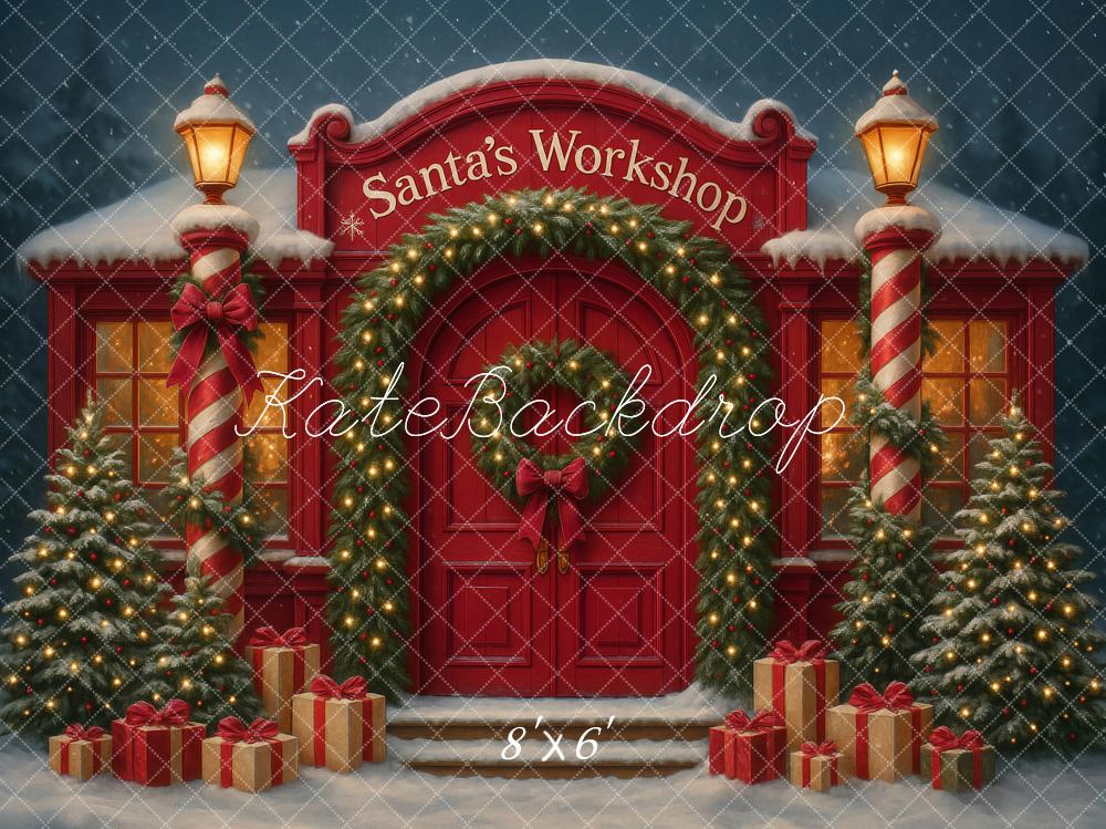 Kate Weihnachten Werkstatt Geschenke Schnee Hintergrund Entworfen von Ashley Paul - Kate Backdrop.de