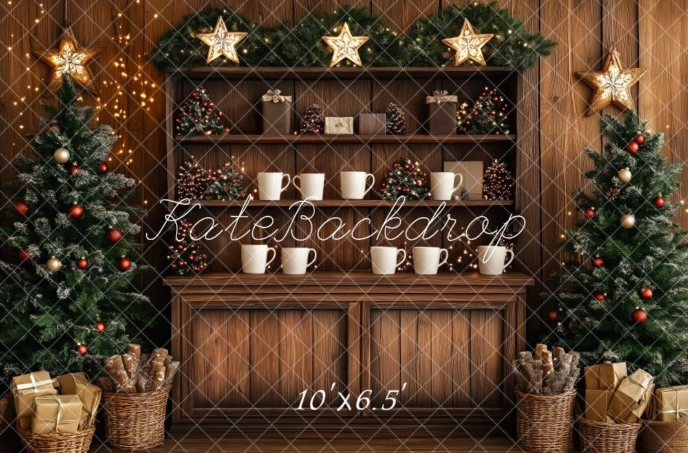 Kate Weihnachten Tannenbaum Geschenke Holz Braun Hintergrund Entworfen von Patty Roberts - Kate Backdrop.de