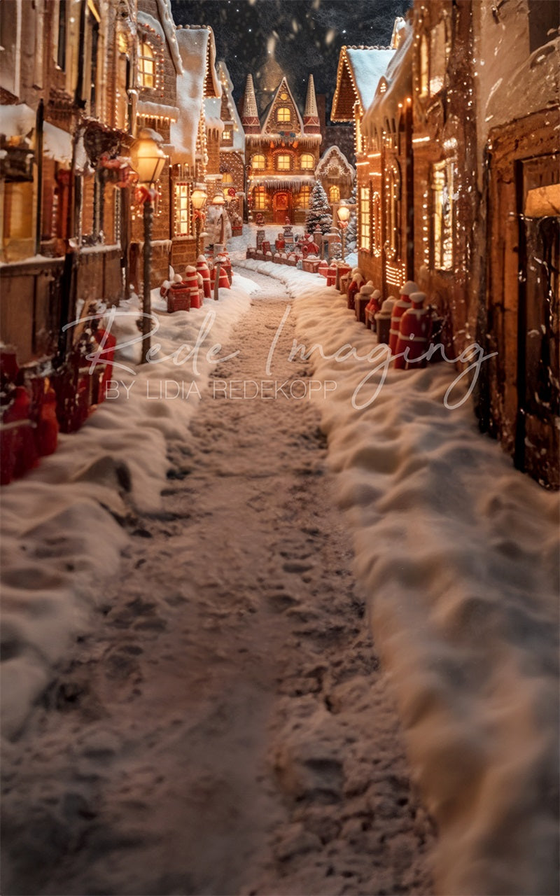 Kate Kombibackdrop Gingerbread Lane Weihnachten Nacht Licht Schnee Hintergrund von Lidia Redekopp