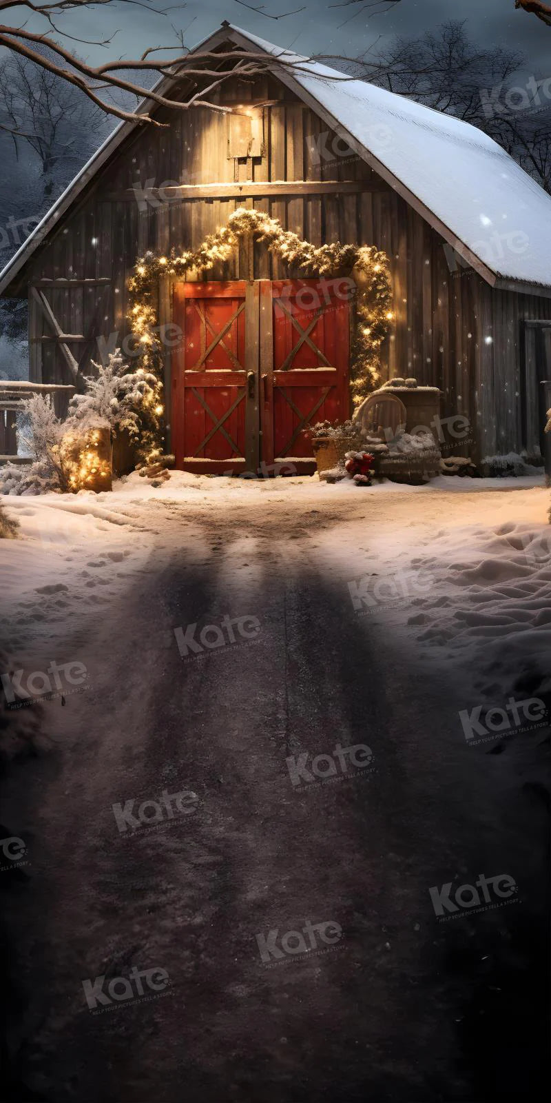 Kate Kombibackdrop Weihnachten Weg zur roten Scheune Nacht Hintergrund für die Fotografie - Kate Backdrop.de