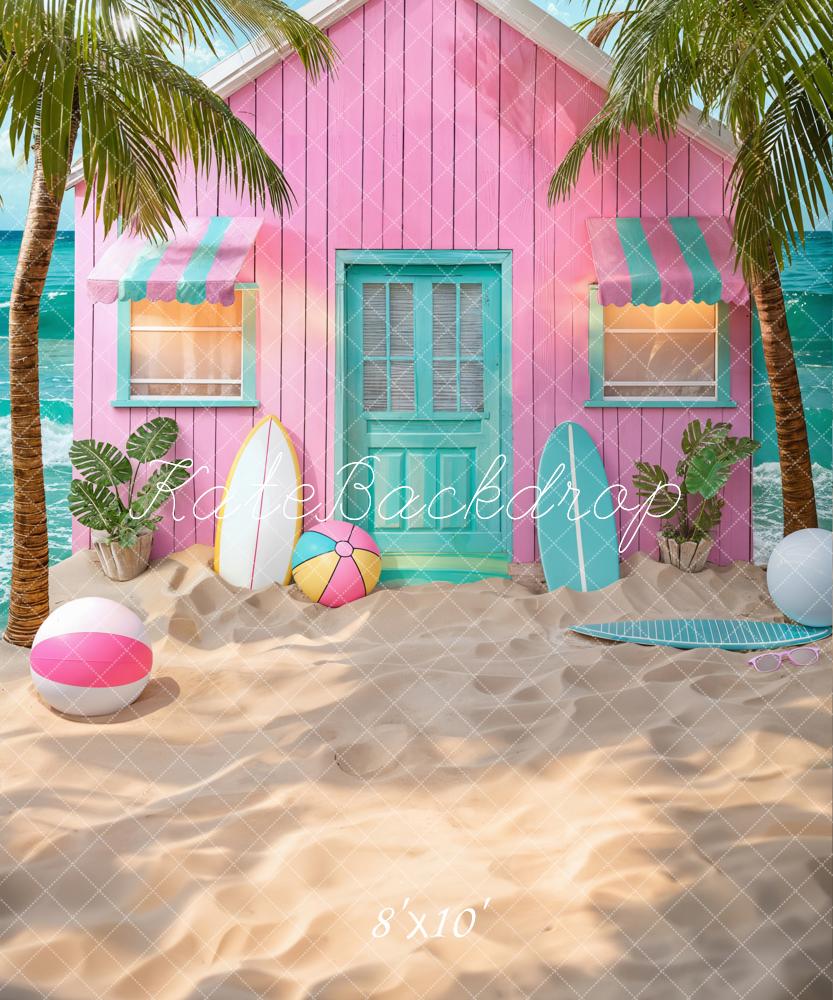 Kate Pink Hut Sommerstrand am Meer Hintergrund von Chain Photography - Kate Backdrop.de