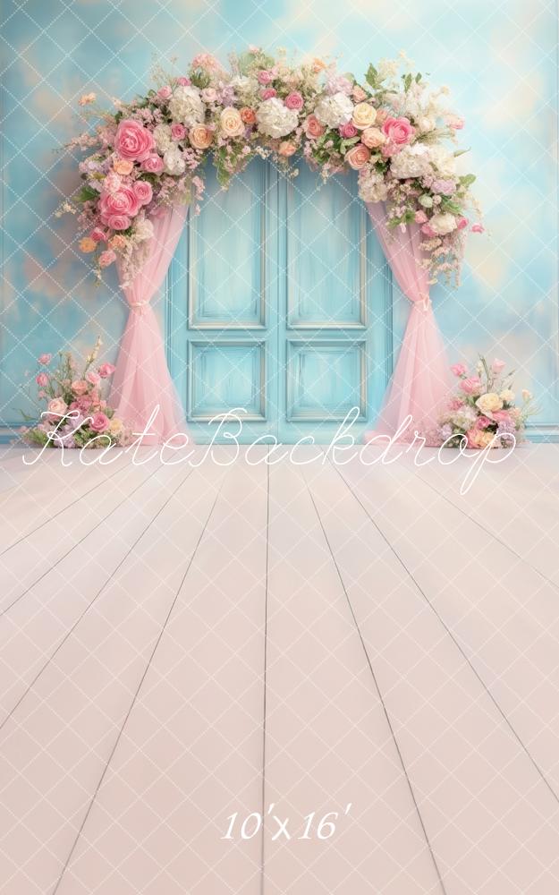 Kate Kombibackdrop Frühling Blumenbogen Blaue Tür Sweep-Hintergrund von Patty Robert - Kate Backdrop.de