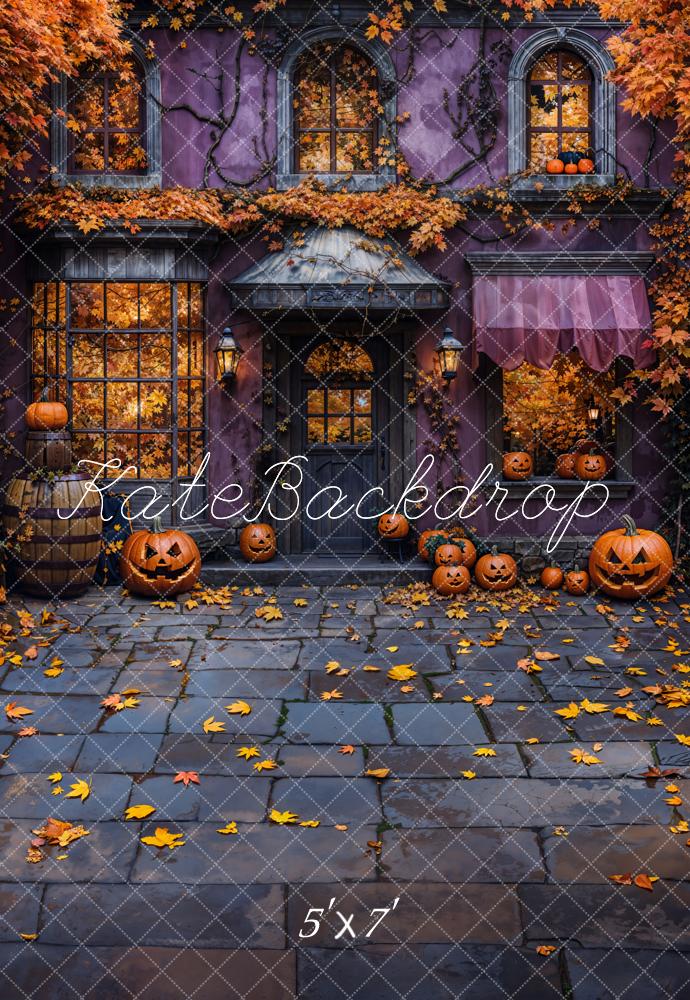 ⚡Blitzangebote-Kate Halloween Cottage Kürbis Gefallene Blätter Kombi-Hintergrund Entworfen von Emetselch - Kate Backdrop.de