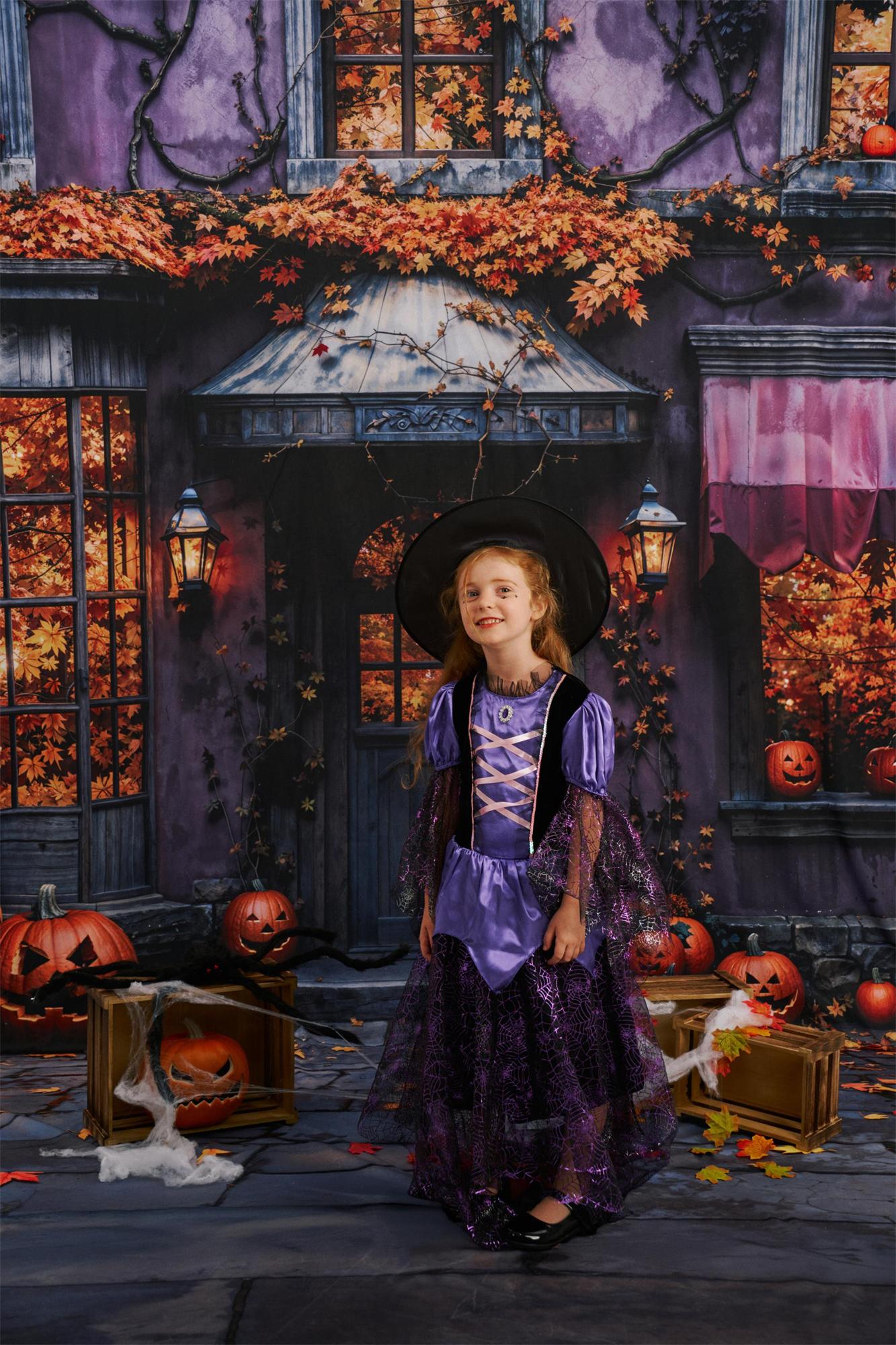 ⚡Blitzangebote-Kate Halloween Cottage Kürbis Gefallene Blätter Kombi-Hintergrund Entworfen von Emetselch - Kate Backdrop.de