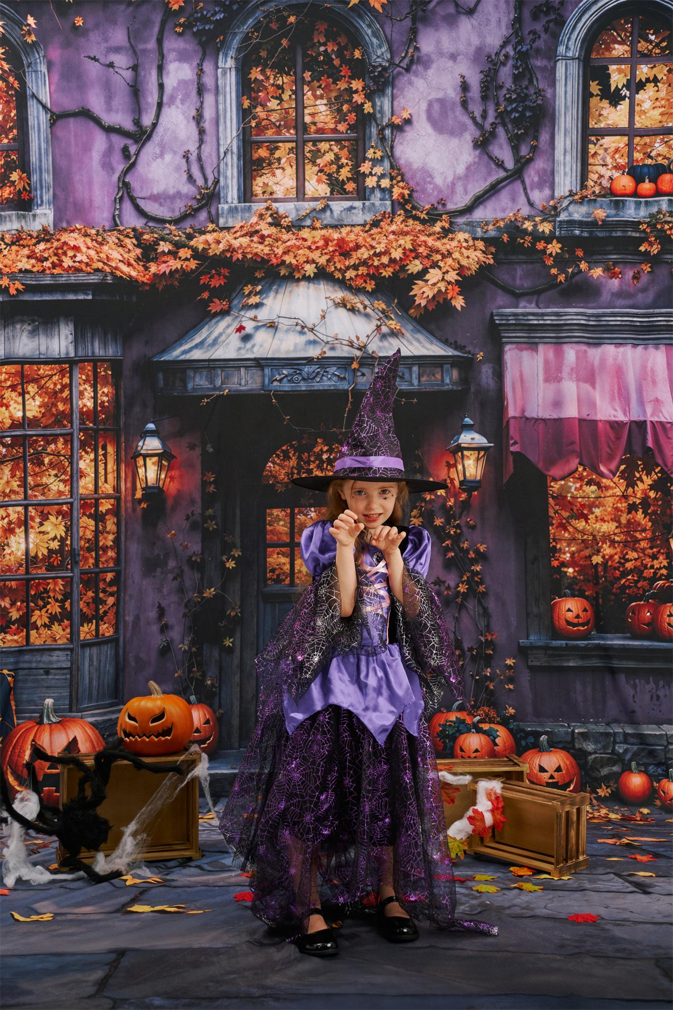 ⚡Blitzangebote-Kate Halloween Cottage Kürbis Gefallene Blätter Kombi-Hintergrund Entworfen von Emetselch - Kate Backdrop.de