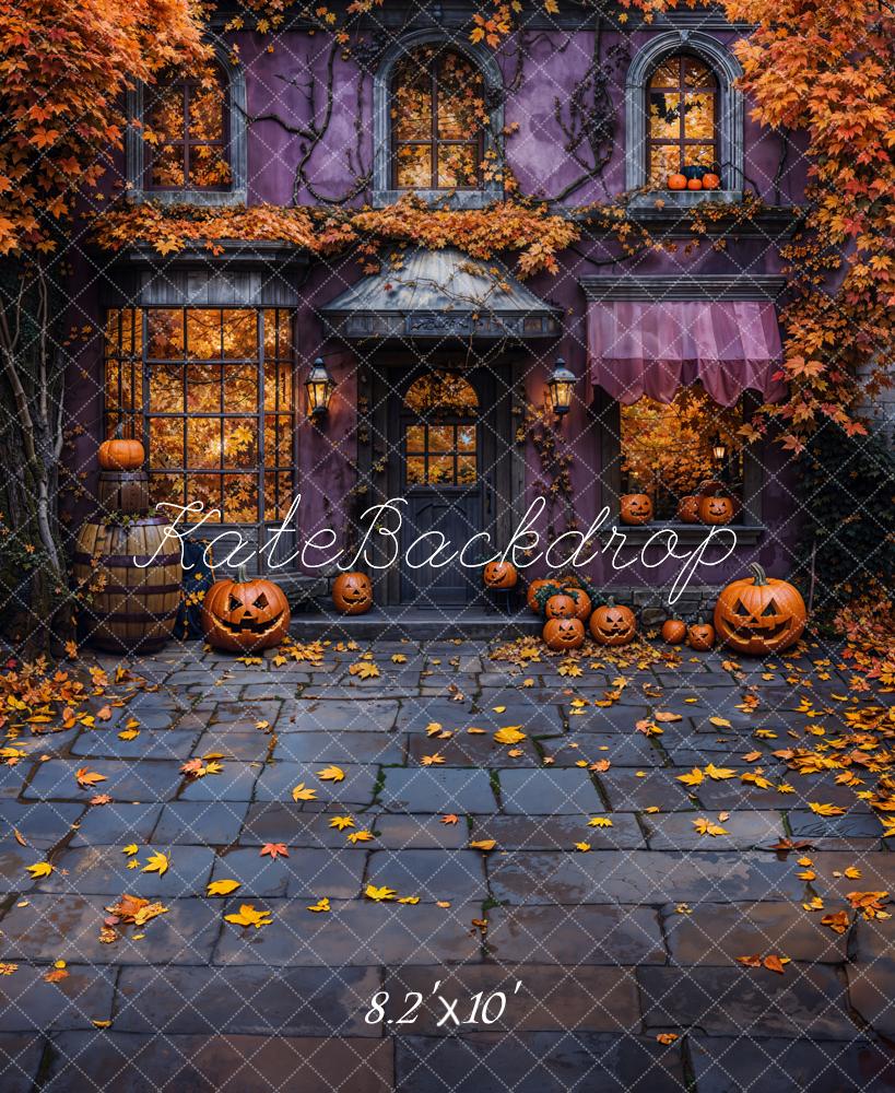 ⚡Blitzangebote-Kate Halloween Cottage Kürbis Gefallene Blätter Kombi-Hintergrund Entworfen von Emetselch - Kate Backdrop.de