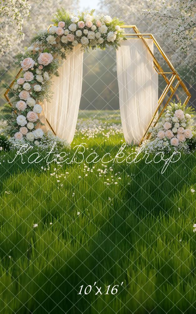 Kate Kombi-Hintergrund Frühlingsblumenbogen mit weißen Rosen und geometrischem Rahmen Hintergrund von Mini MakeBelieve
