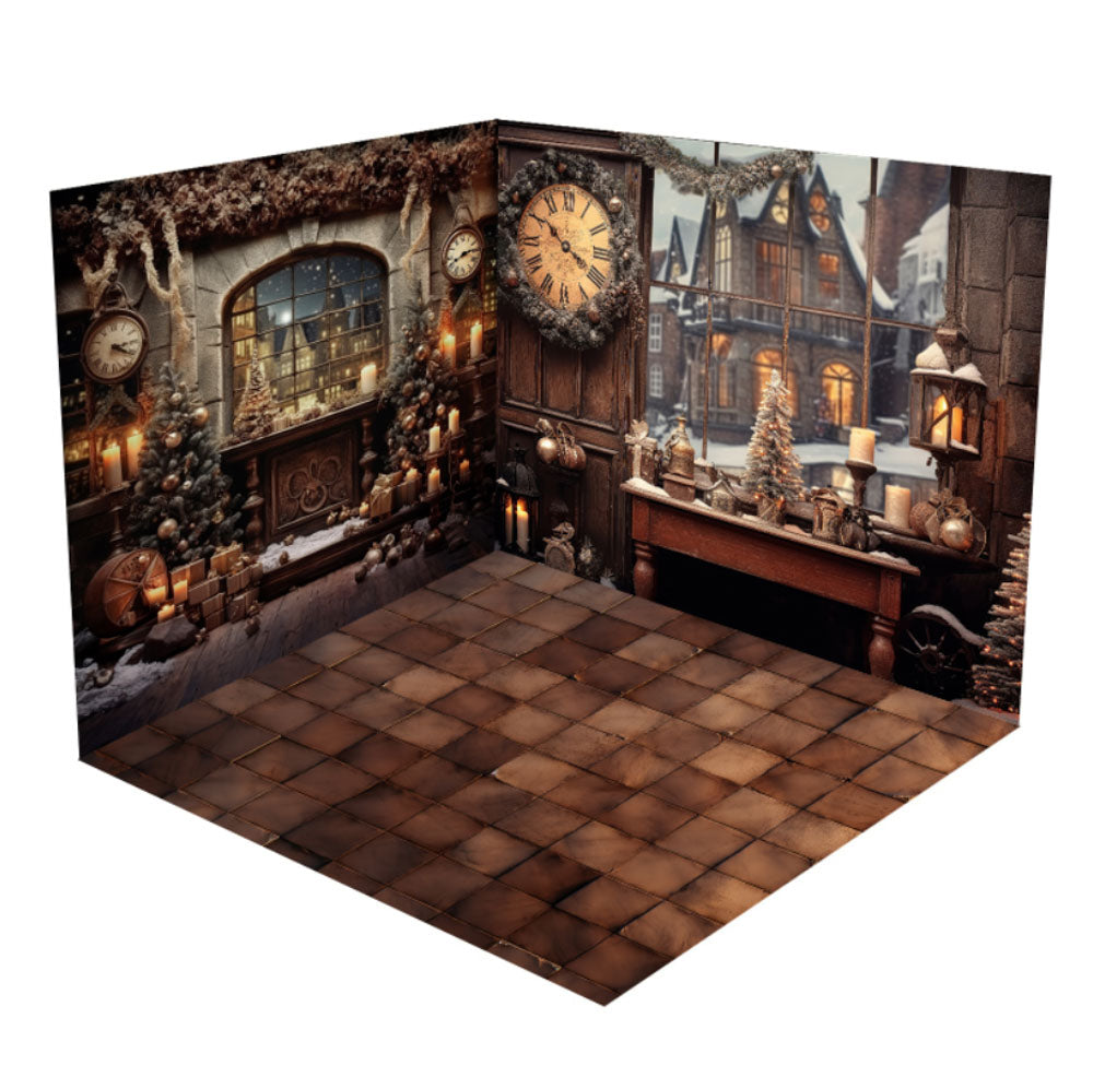 Kate Weihnachten Innenuhr Fenster Stein Boden Zimmer Set (8ftx8ft&10ftx8ft&8ftx10ft) - Kate Backdrop.de