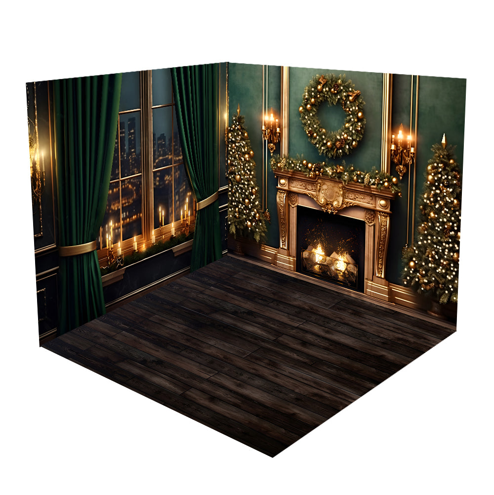 Kate Weihnachtskamin City Night Green Zimmer Set (8ftx8ft&10ftx8ft&8ftx10ft) - Kate Backdrop.de