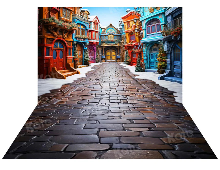 Kate Outdoor Märchen Pfad Schnee Kulisse+Abenteuer Schwarzer Stein Straße Boden Hintergrund - Kate Backdrop.de