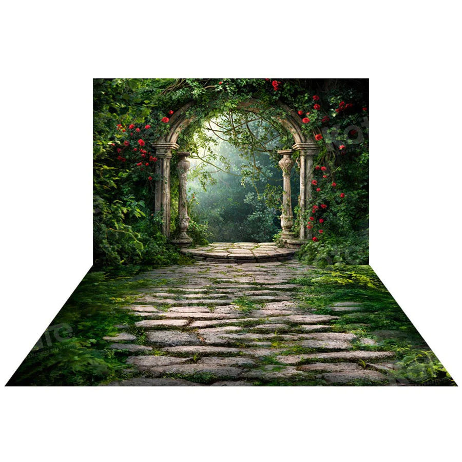 Kate Frühling Wald Greenery Blumen Bogen Hintergrund+Spring Green Grass Stone Floor Hintergrund - Kate Backdrop.de