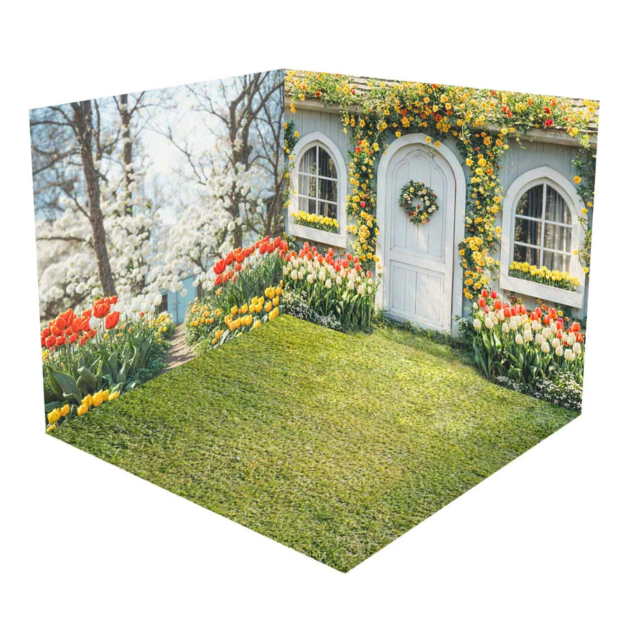 Kate Frühling Blumen Haus Grünes Grasland Zimmer Set (8ftx8ft&10ftx8ft&8ftx10ft) - Kate Backdrop.de
