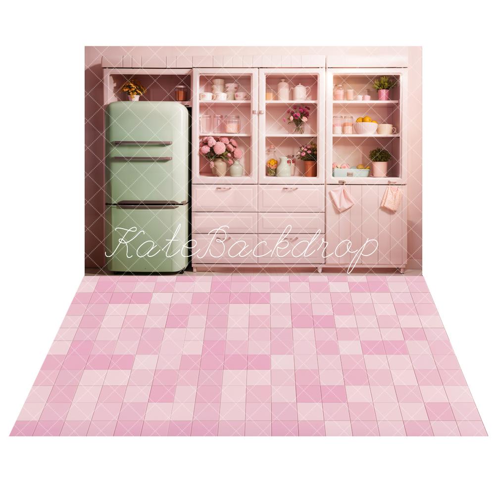 Kate Kühlschrank Küchenkabinett Hintergrund+Rosa Quadrat Boden Hintergrund - Kate Backdrop.de
