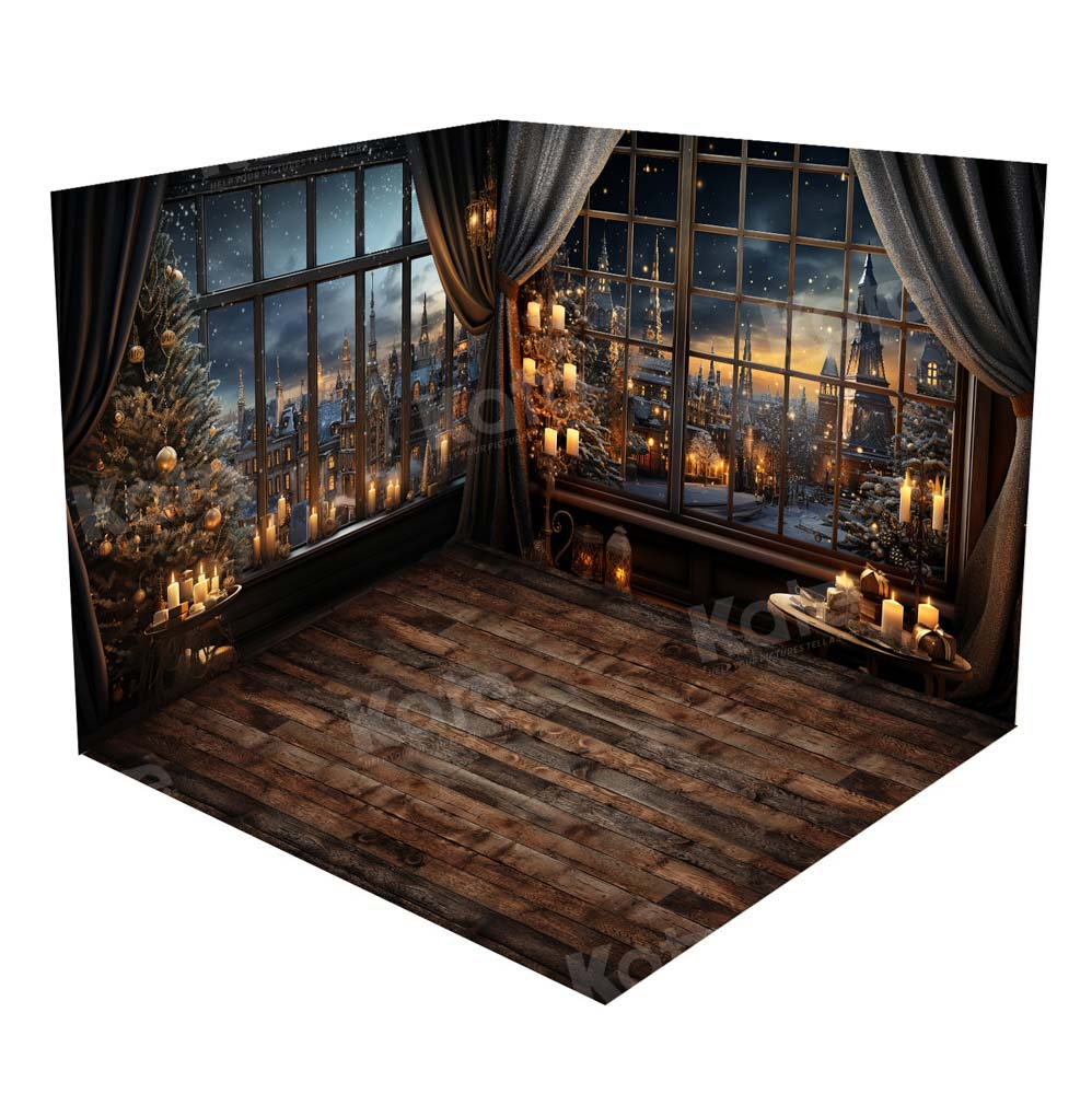 Kate Weihnachten Snowy Town Outwindow in Night Candle Zimmer Set (8ftx8ft&10ftx8ft&8ftx10ft) - Kate Backdrop.de