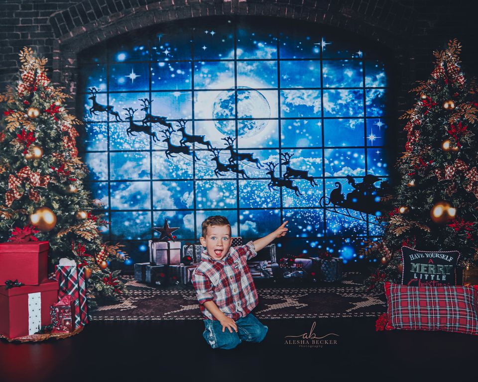 Kate Weihnachten Fenster Schlitten Hintergrund Elch für die Fotografie - Kate Backdrop.de