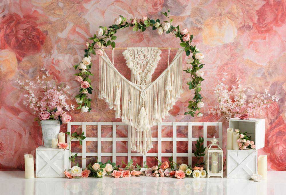 Kate Frühling Boho Blumen Hintergrund Girlande Zaun Wandteppich von Emetselch - Kate Backdrop.de
