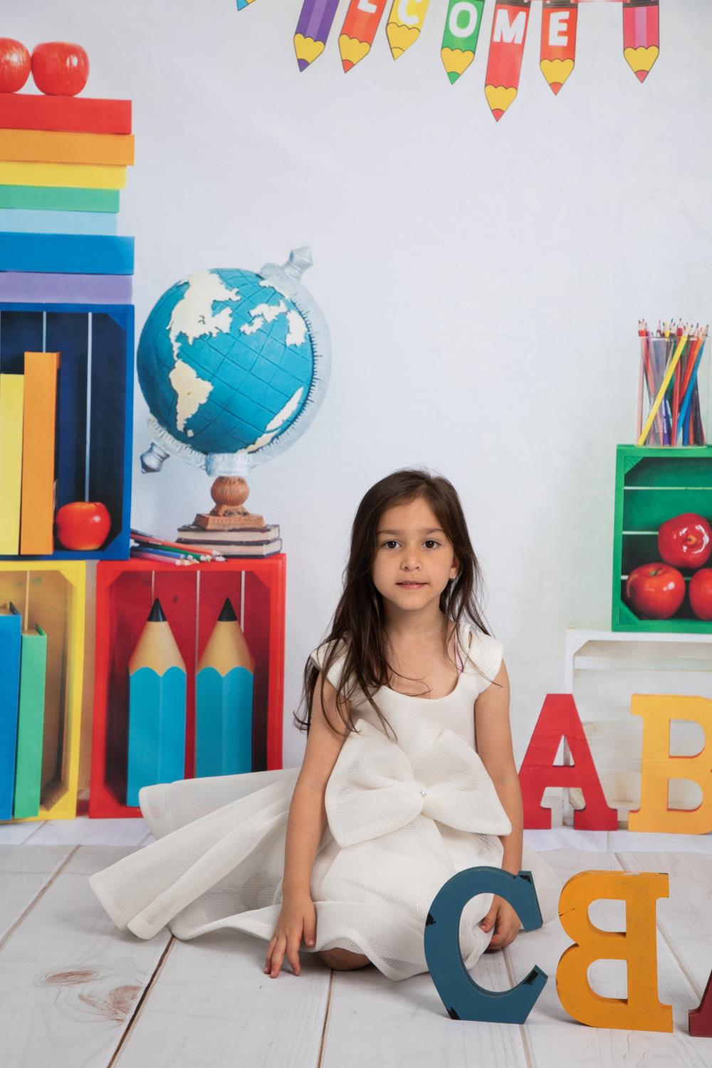 Kate Einschulung Schule Hintergrund Bleistift Retro Weiß von Emetselch - Kate Backdrop.de