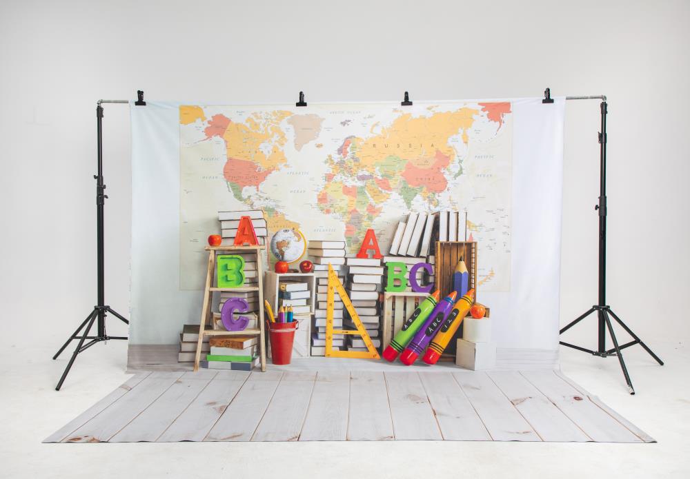 Kate Zurück zu Schule Weltkarte Buch Regal Hintergrund von Emetselch - Kate Backdrop.de