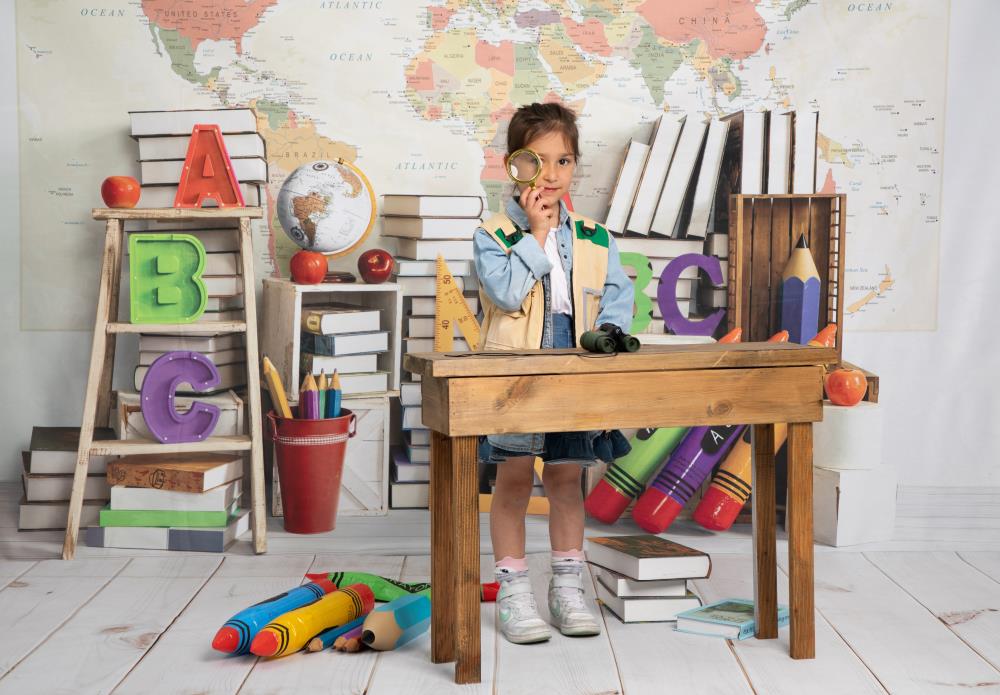 Kate Zurück zu Schule Weltkarte Buch Regal Hintergrund von Emetselch - Kate Backdrop.de