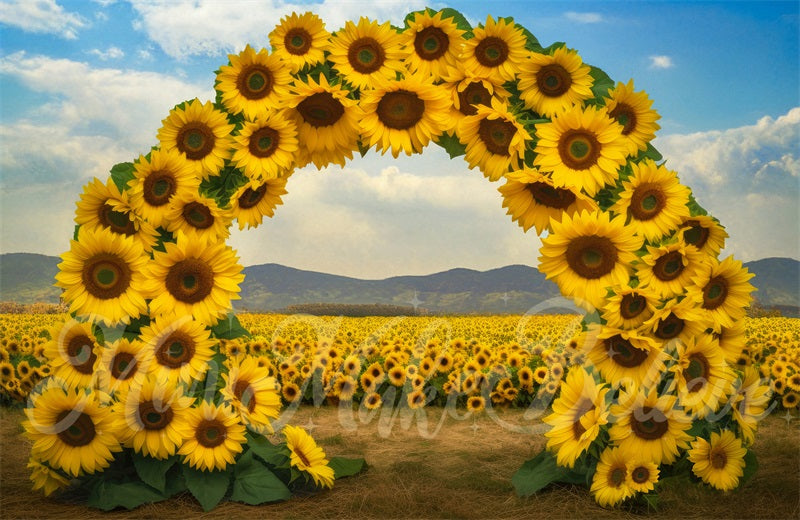 Kate Malerischer Sonnenblumenfeldbogen mit Bodenhintergrund von Mini MakeBelieve - Kate Backdrop.de