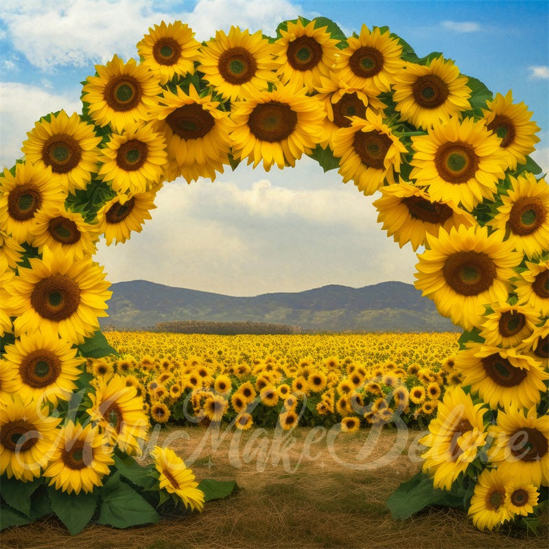 Kate Malerischer Sonnenblumenfeldbogen mit Bodenhintergrund von Mini MakeBelieve - Kate Backdrop.de