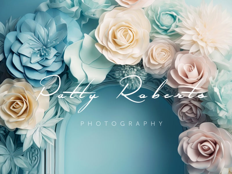 Kate Pastellfarbene Blütenblätter Blauer Hochzeitshintergrund im Malerstil von Patty Roberts - Kate Backdrop.de